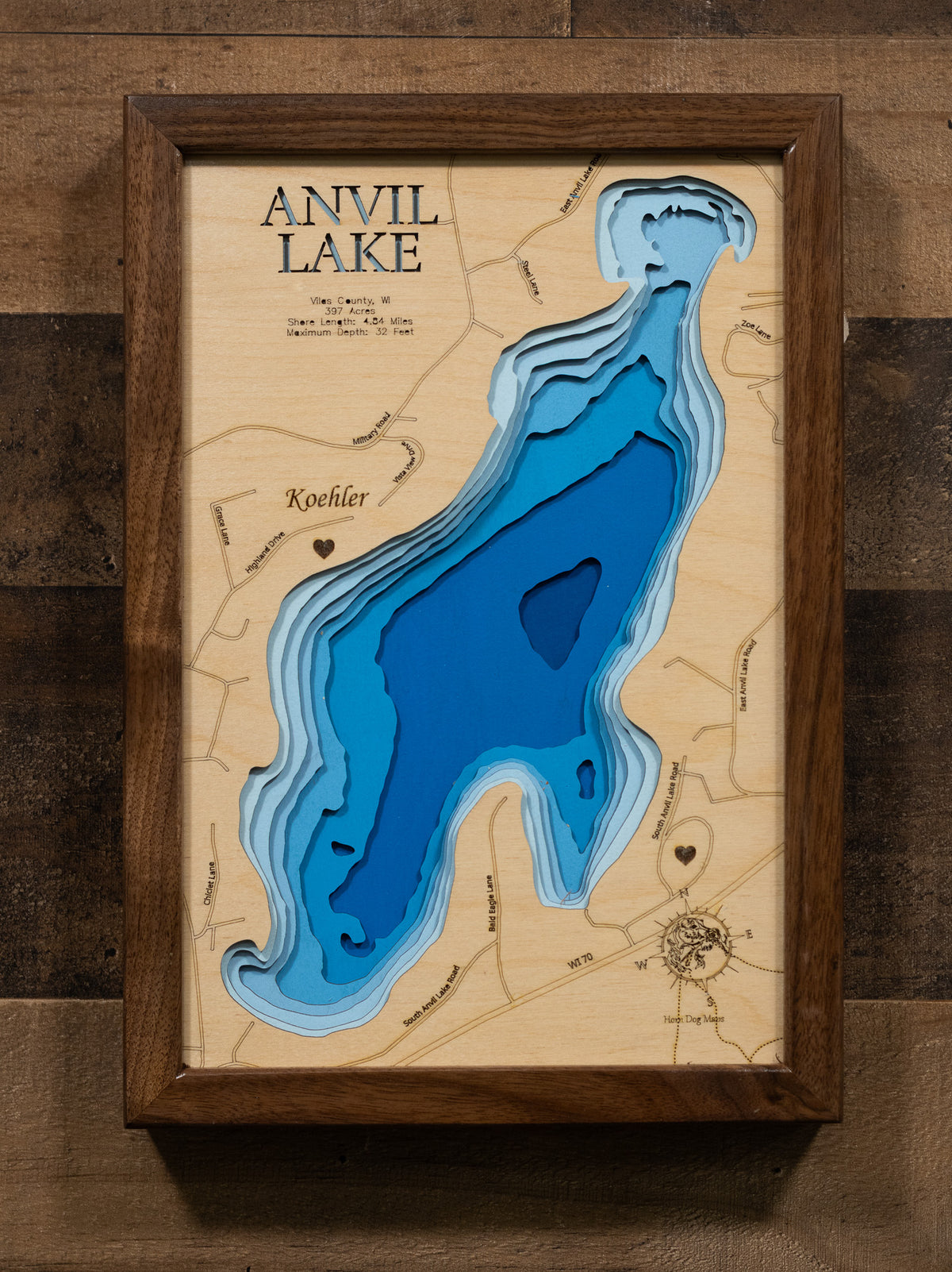 Handcrafted 3D wood map of Anvil Lake in Vilas County, WI, ideal for lake enthusiasts.