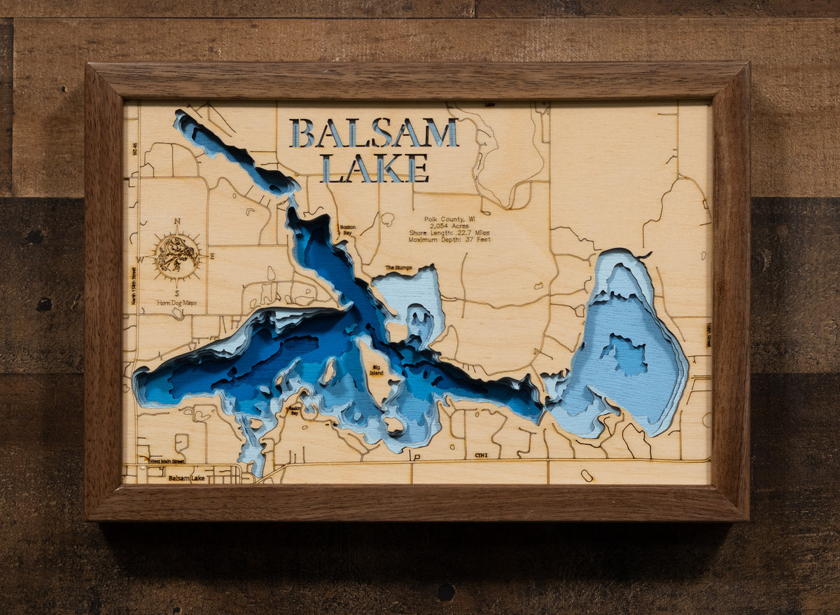 Decorative 3D wooden lake map of Balsam Lake in Polk County, Wisconsin, crafted with care.