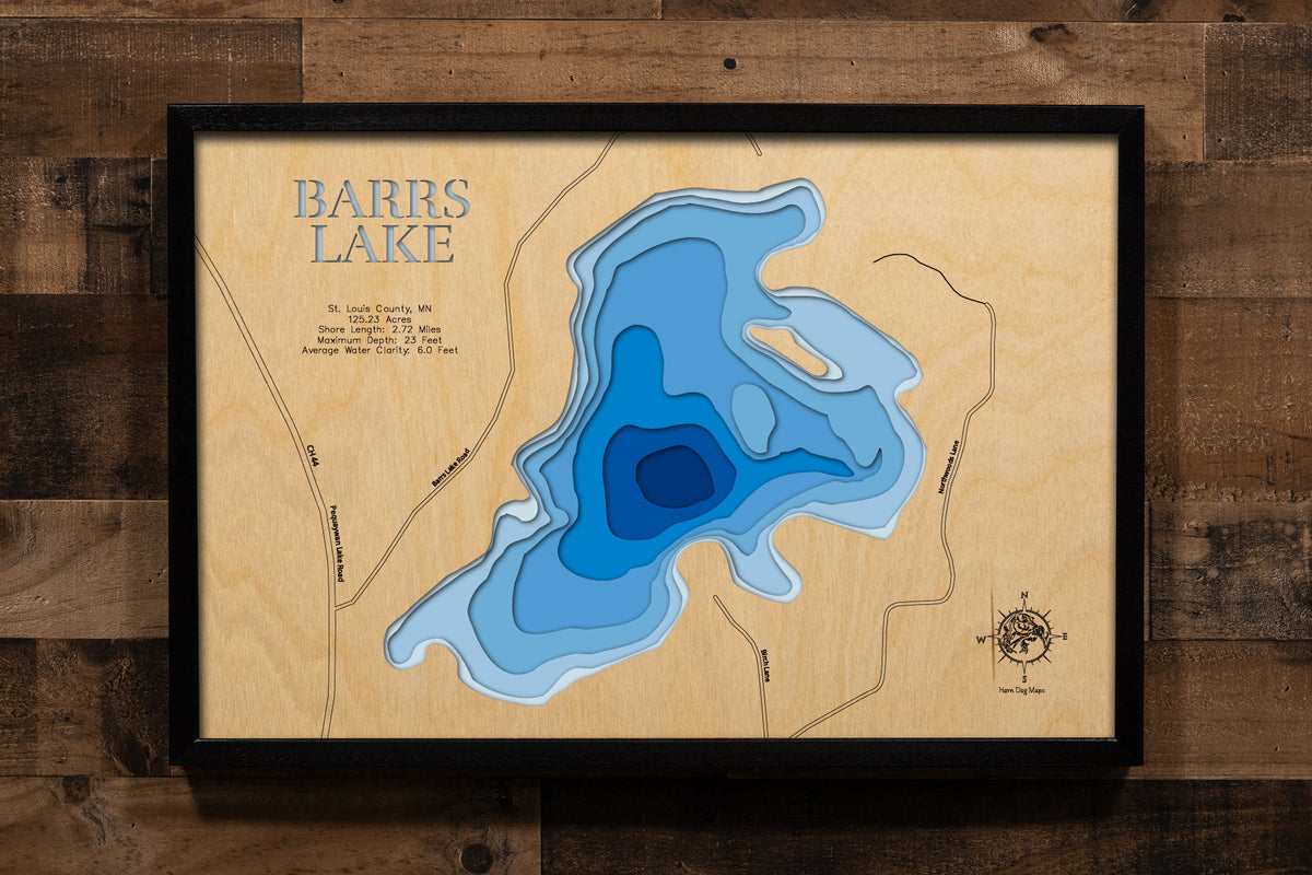 3D wooden lake map of Barrs Lake in St. Louis County, MN, showcasing detailed depth layers and contours.