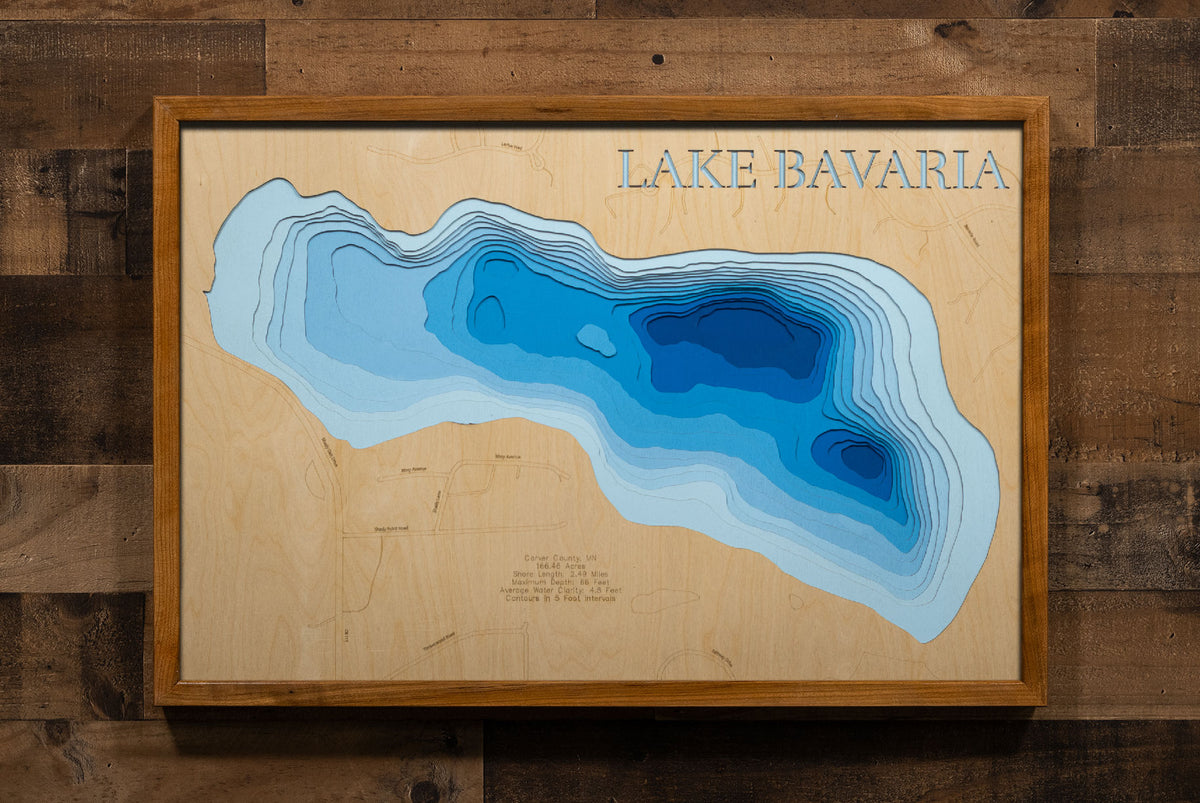 3D wooden lake map of Lake Bavaria in Carver County, MN, showcasing detailed depth layers and contours.