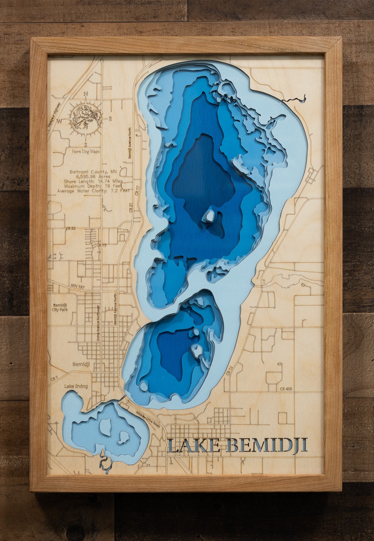 Unique wooden lake map of Lake Bemidji in Beltrami County, Minnesota, featuring intricate depth details.