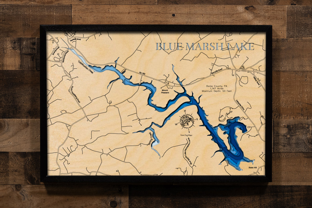 Blue Marsh Lake in Berks County, PA 3D depth map, laser cut from high-quality wood.