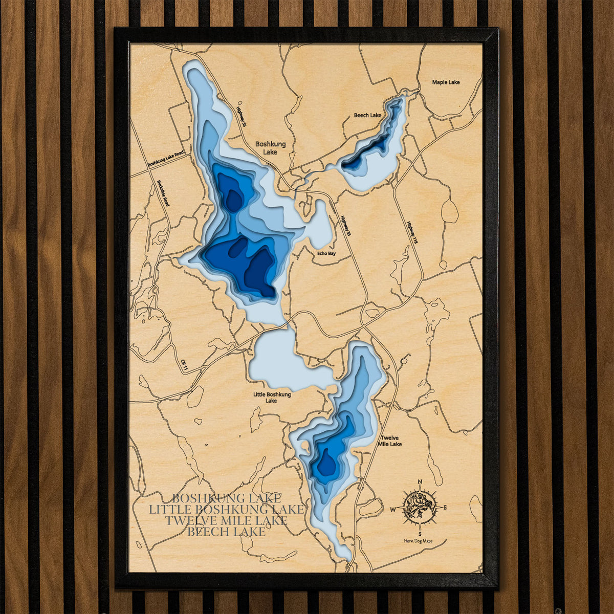 Boshkung, Little Boshkung, and Twelve Mile Lakes in Haliburton County, ON custom 3D wood map, perfect for home decor and gifts.