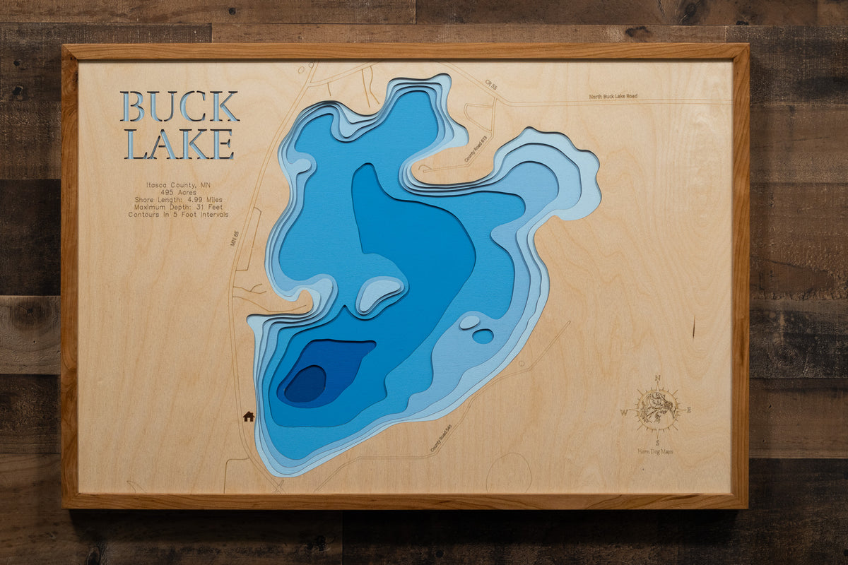 Decorative 3D wooden lake map of Buck Lake in Itasca County, MN, crafted with care.