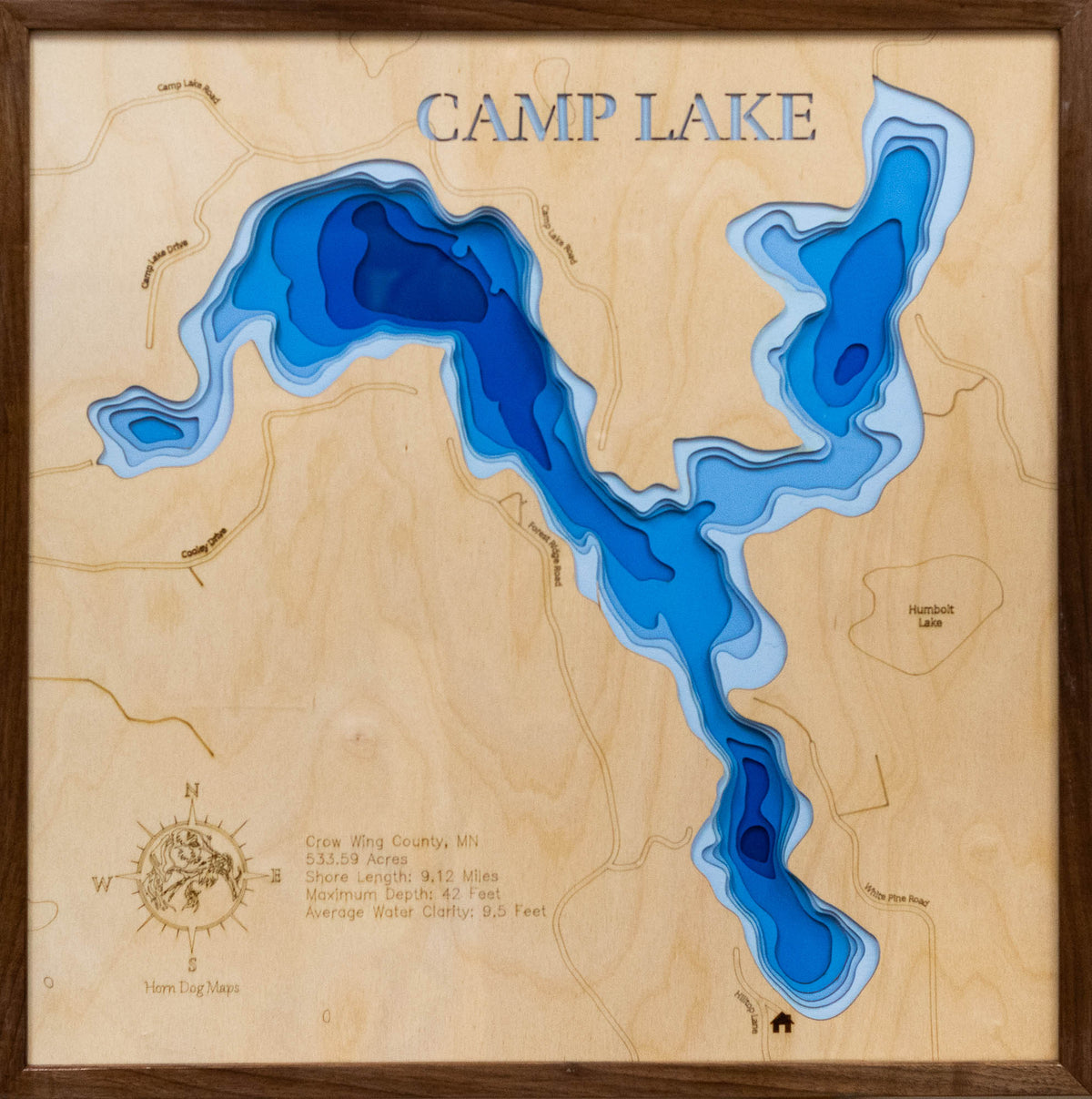 Camp Lake in Crow Wing County, MN in stunning 3D wood map design, with detailed topography.