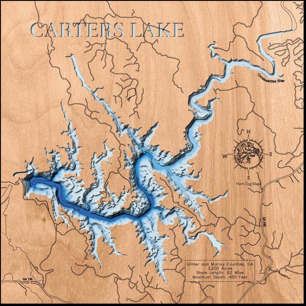 Carters Lake in Gilmer and Murray Counties, GA 3D depth map, laser cut from high-quality wood.