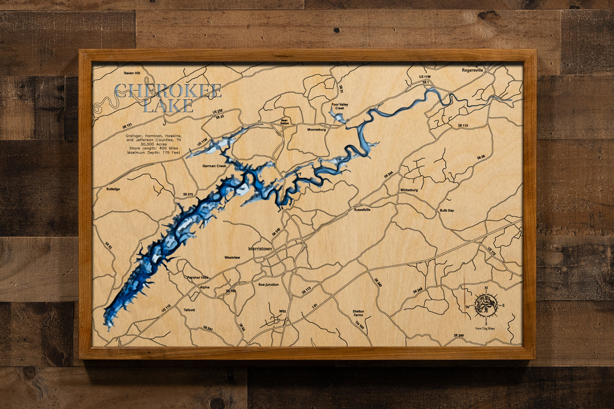 A masterfully laser-cut, multi-layered wooden relief map of Cherokee Lake spanning four Tennessee counties. The intricate topographic design captures the 30,300-acre reservoir's 400 miles of winding shoreline through the Holston River Valley, depth contours descending to 175 feet, the mile-long Cherokee Dam stretching 6,760 feet across the Holston River, and the lake's 59-mile journey through rolling farmland beneath the impressive Clinch Mountains.