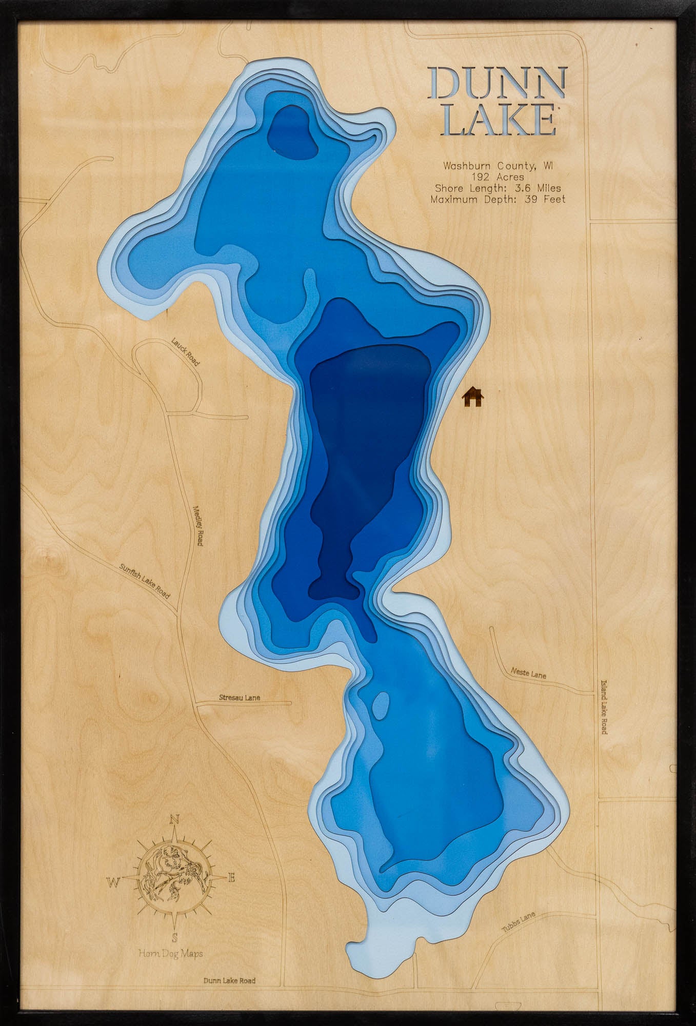 Exquisite wooden map of Dunn Lake in Washburn County, Wisconsin with detailed lakebed features.