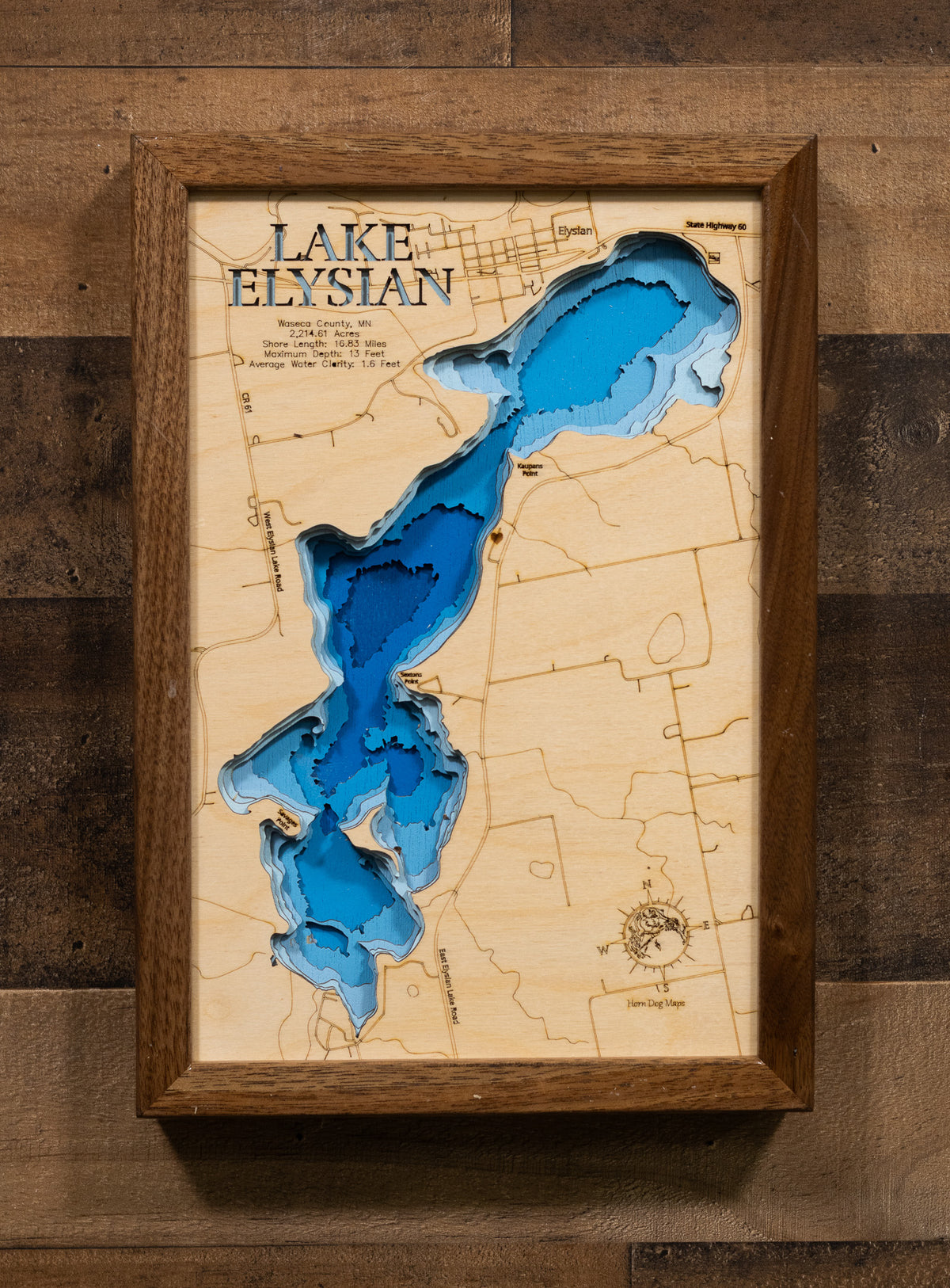 Lake Elysian in Waseca County, MN engraved wood map, showcasing accurate topographical features.