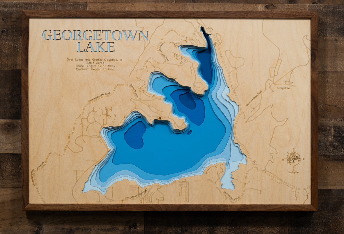 Georgetown Lake in Deer Lodge County and Granite County, MT 3D depth map, laser cut from high-quality wood.