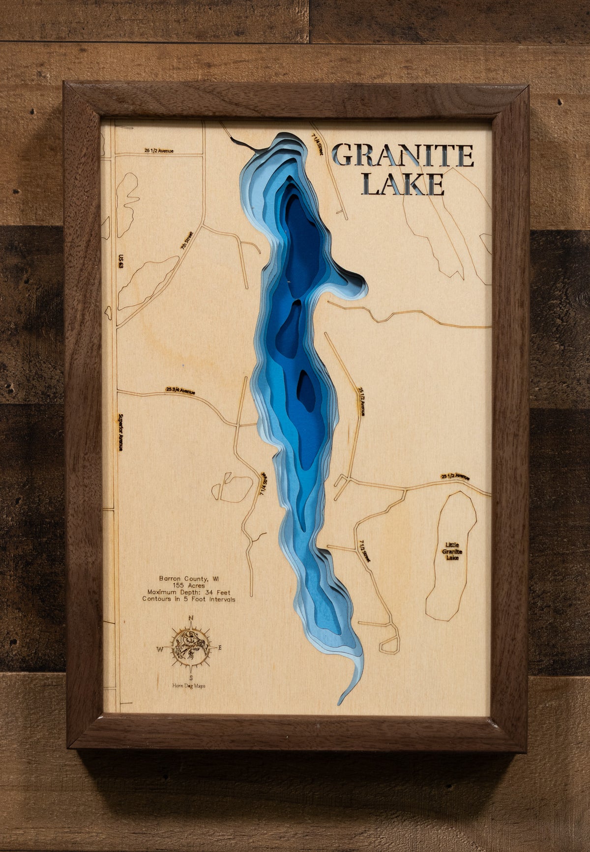 Handcrafted 3D wood map of Granite Lake in Barron County, WI, ideal for lake enthusiasts.