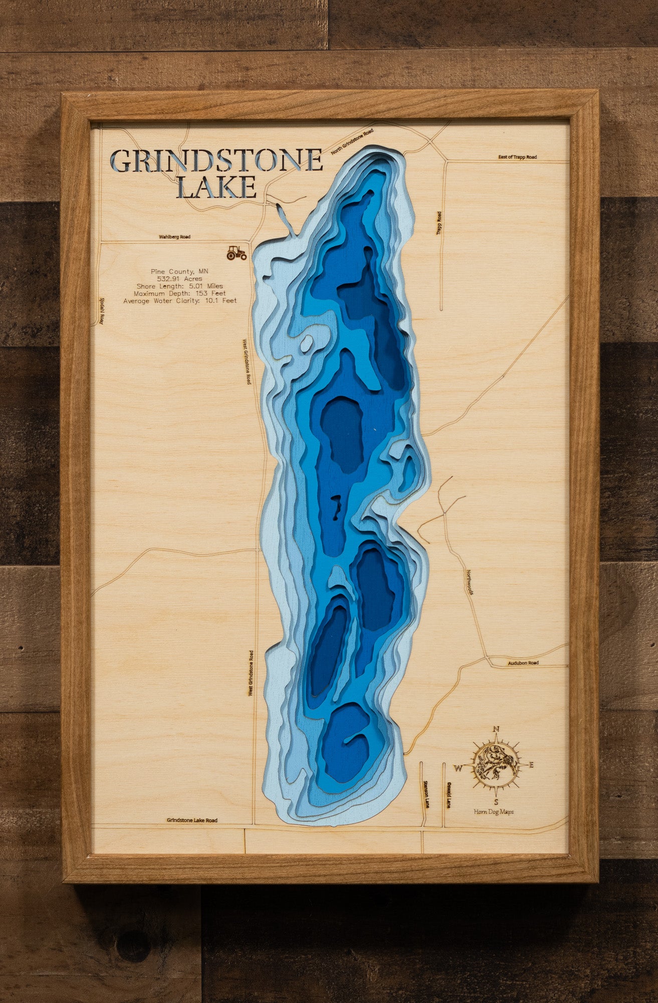Laser-engraved relief map of 3D Lake Map of Grindstone Lake in Pine County, MN, crafted from wood with high precision.