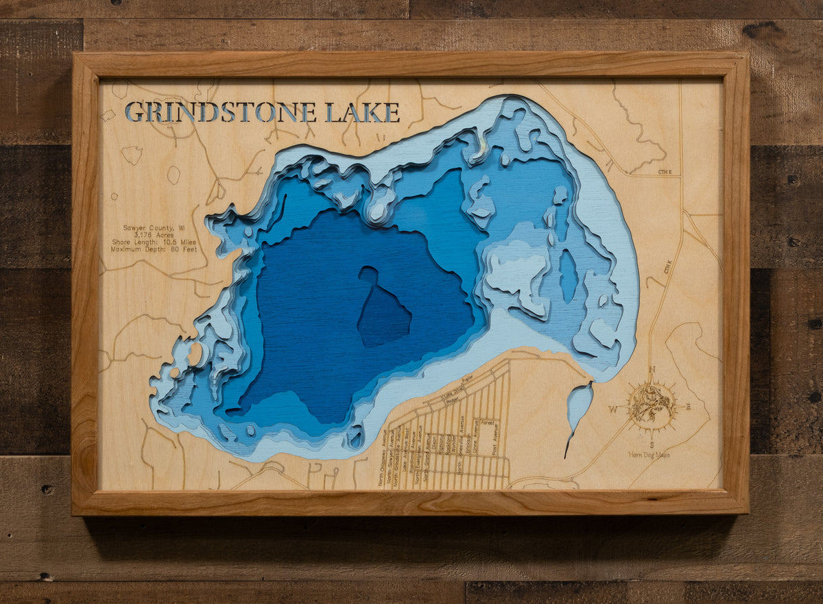 3d Depth Map of Grindstone Lake in Sawyer County, WI custom 3D wood map, perfect for home decor and gifts.