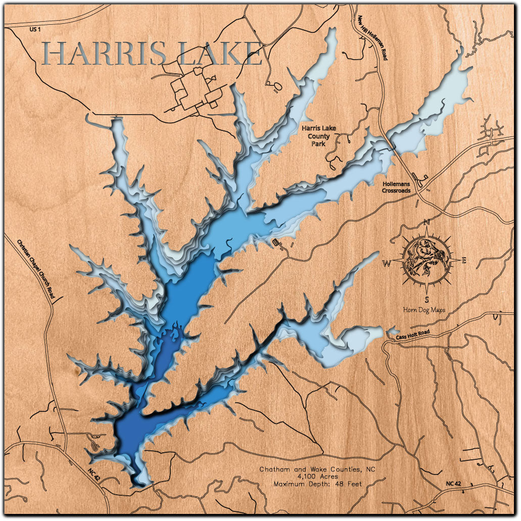 Harris Lake in Chatham and Wake Counties, NC 3D depth map, laser cut from high-quality wood.