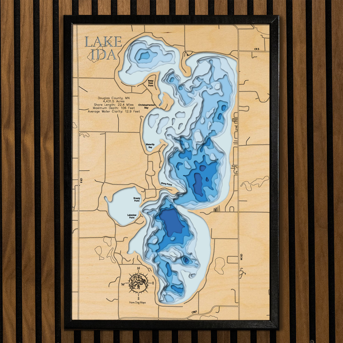 Exquisite wooden map of 3d Depth map of Lake Ida in Douglas County, Minnesota with detailed lakebed features.