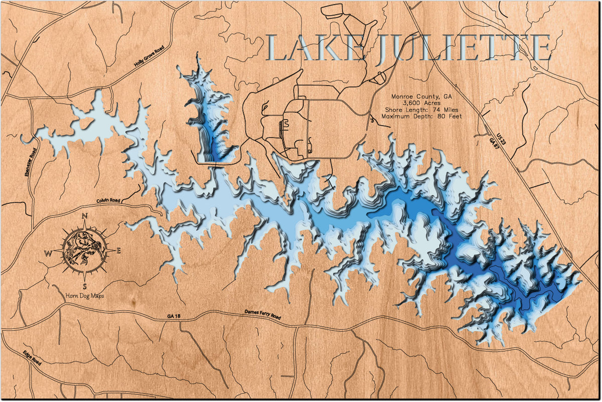 Laser-engraved relief map of Lake Juliette in Monroe County, GA, crafted from wood with high precision.