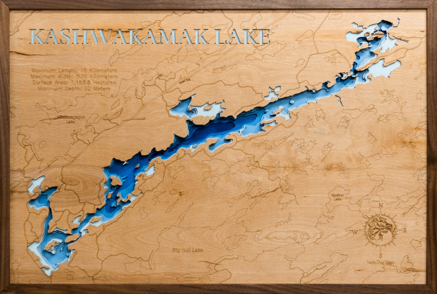 Handcrafted 3D wood map of 3D Wooden Lake Map of Kashwakamak Lake in Ontario, Canada, ideal for lake enthusiasts.