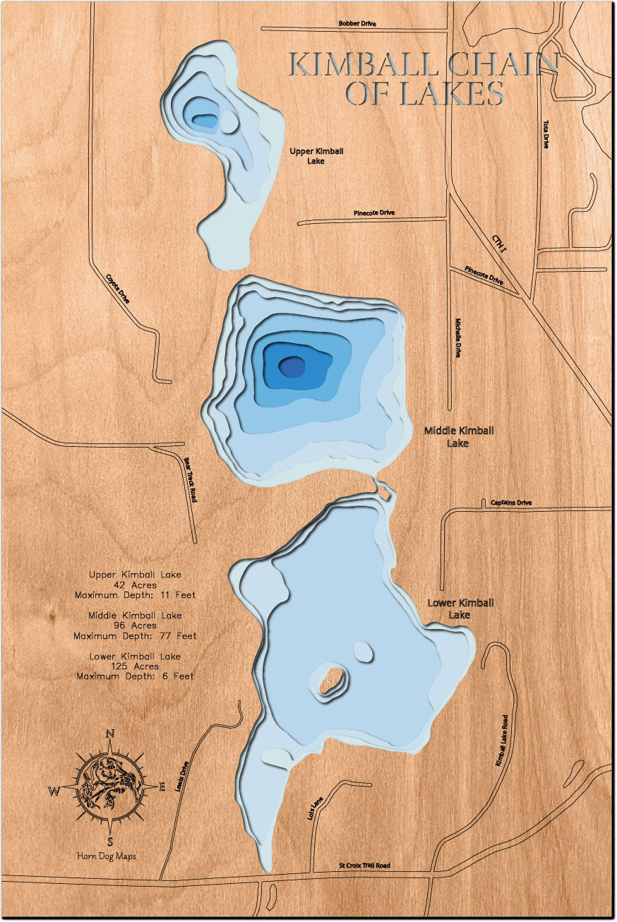 Unique wooden lake map of Kimball Chain of Lakes in Washburn County, WI, featuring intricate depth details.