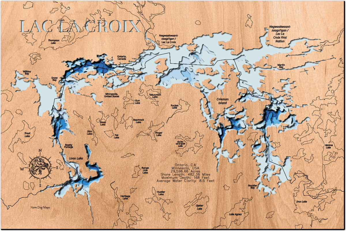Artisanally carved wooden lake map of Lac La Croix in St. Louis County MN, Ontario Canada, highlighting bathymetry.