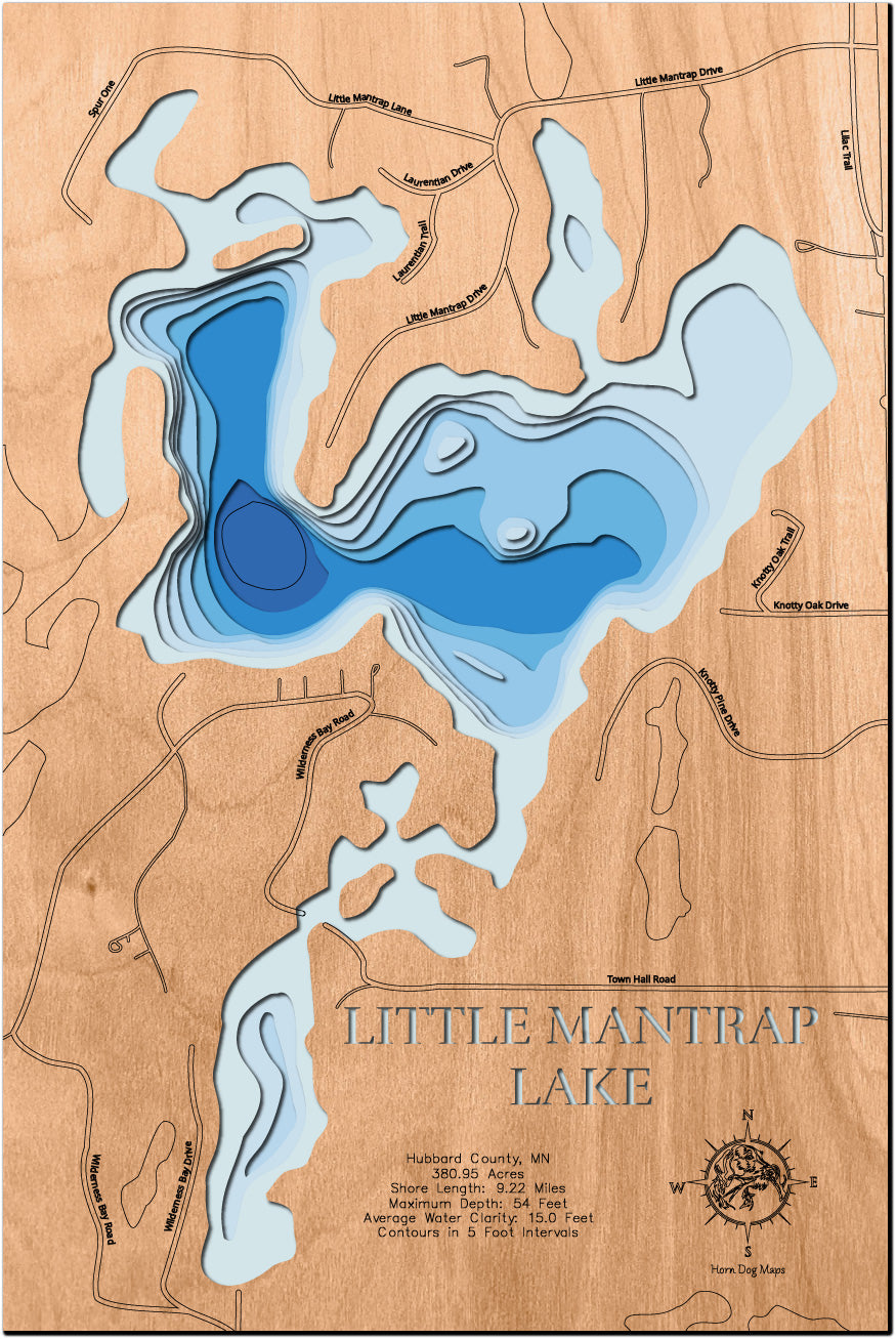 High-definition wooden relief map of Little Mantrap Lake in Hubbard County, MN, handmade for durability.