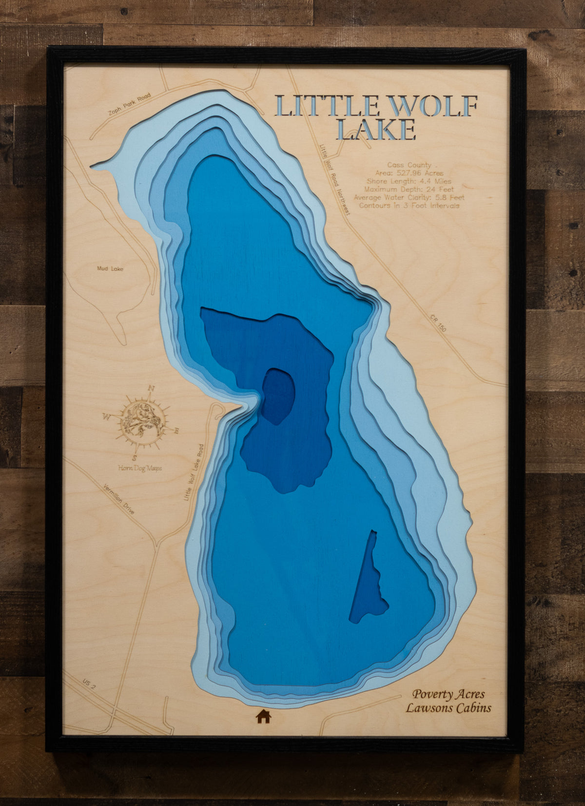 High-definition wooden relief map of Little Wolf Lake in Cass County, MN, handmade for durability.