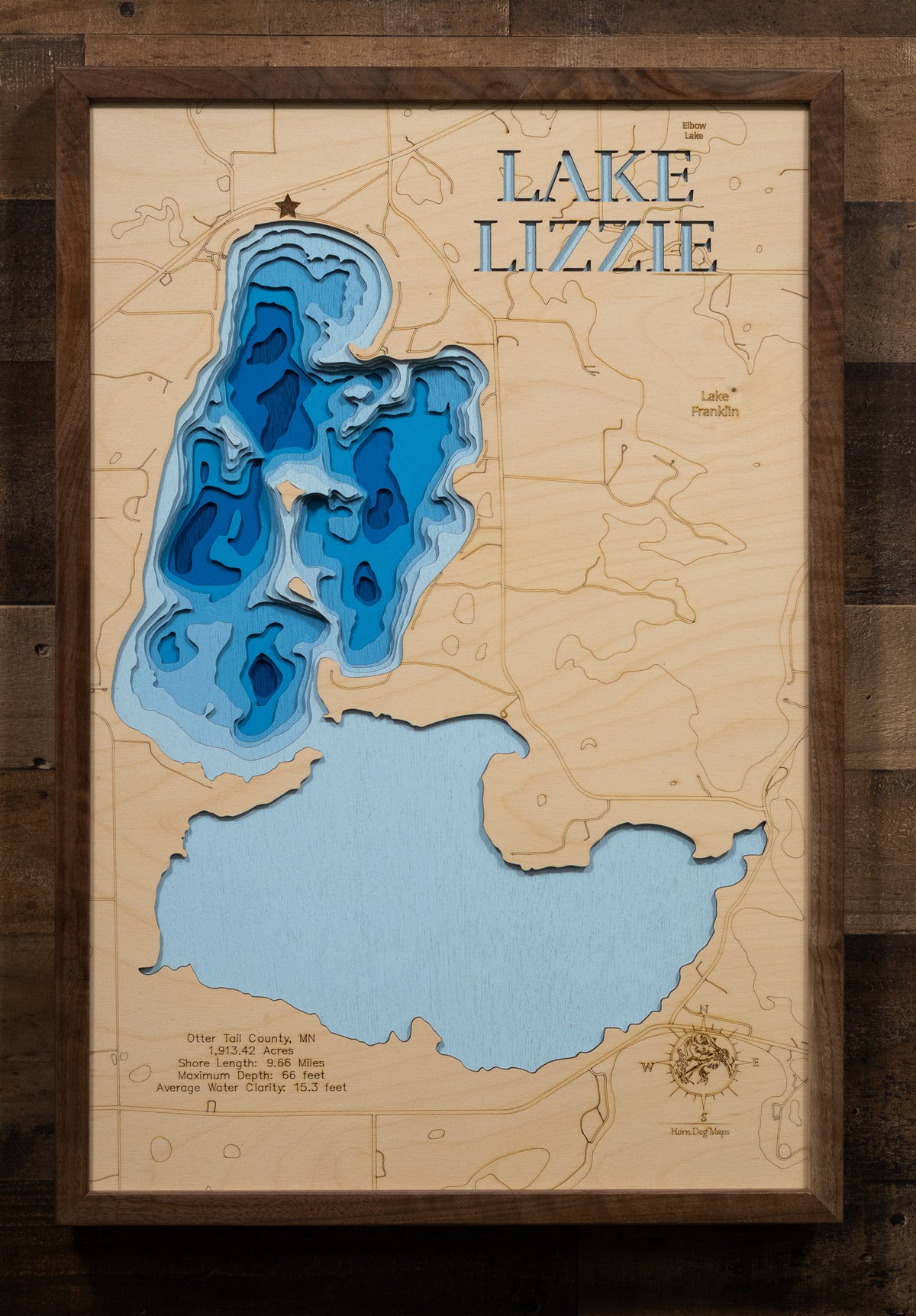 Lake Lizzie in Otter Tail County, MN 3D depth map, laser cut from high-quality wood.