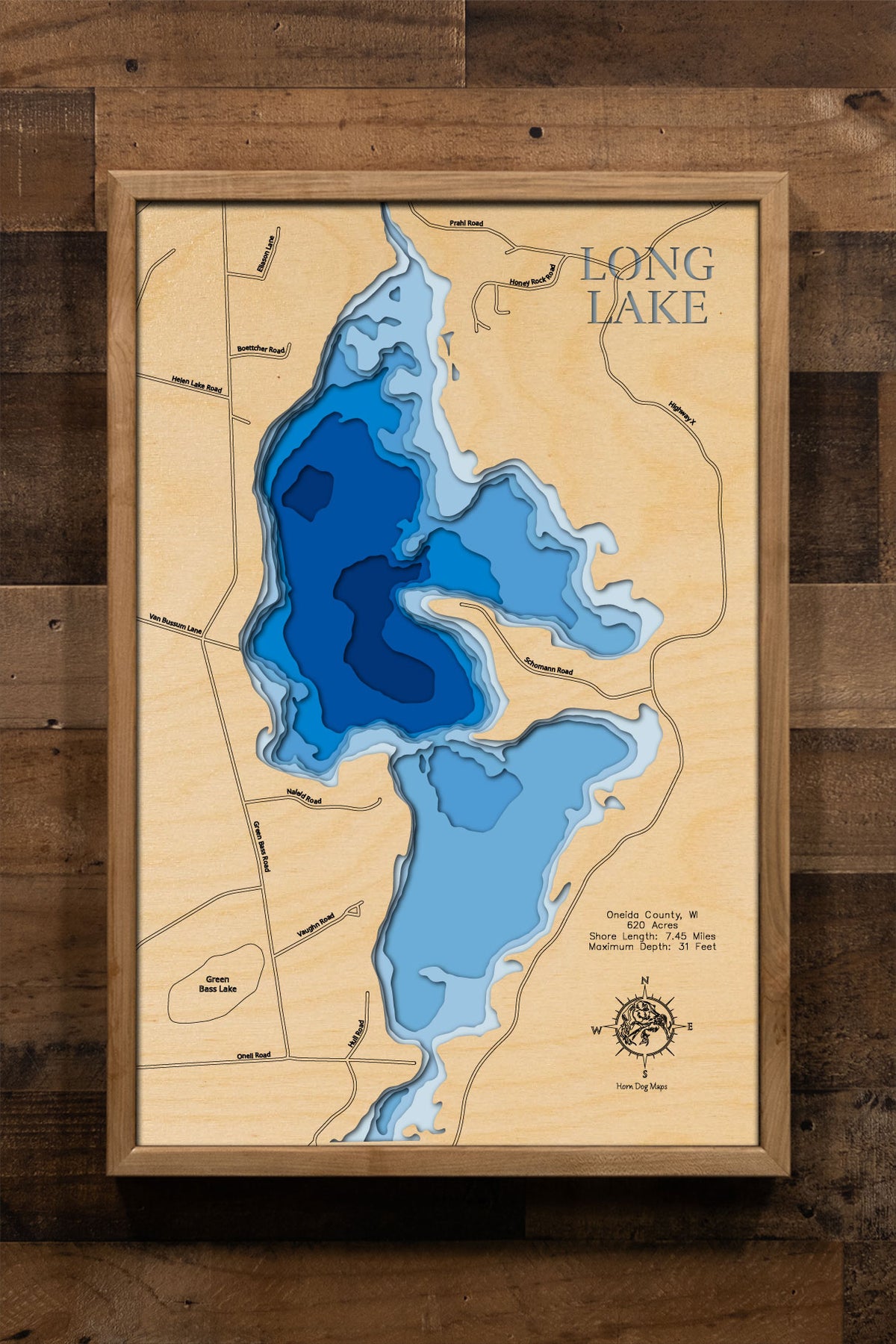 Long Lake in Oneida County, WI custom 3D wood map, perfect for home decor and gifts.