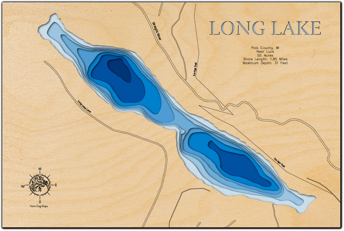 Precision-cut wooden map of Long Lake in Polk County, WI, perfect for unique decor.