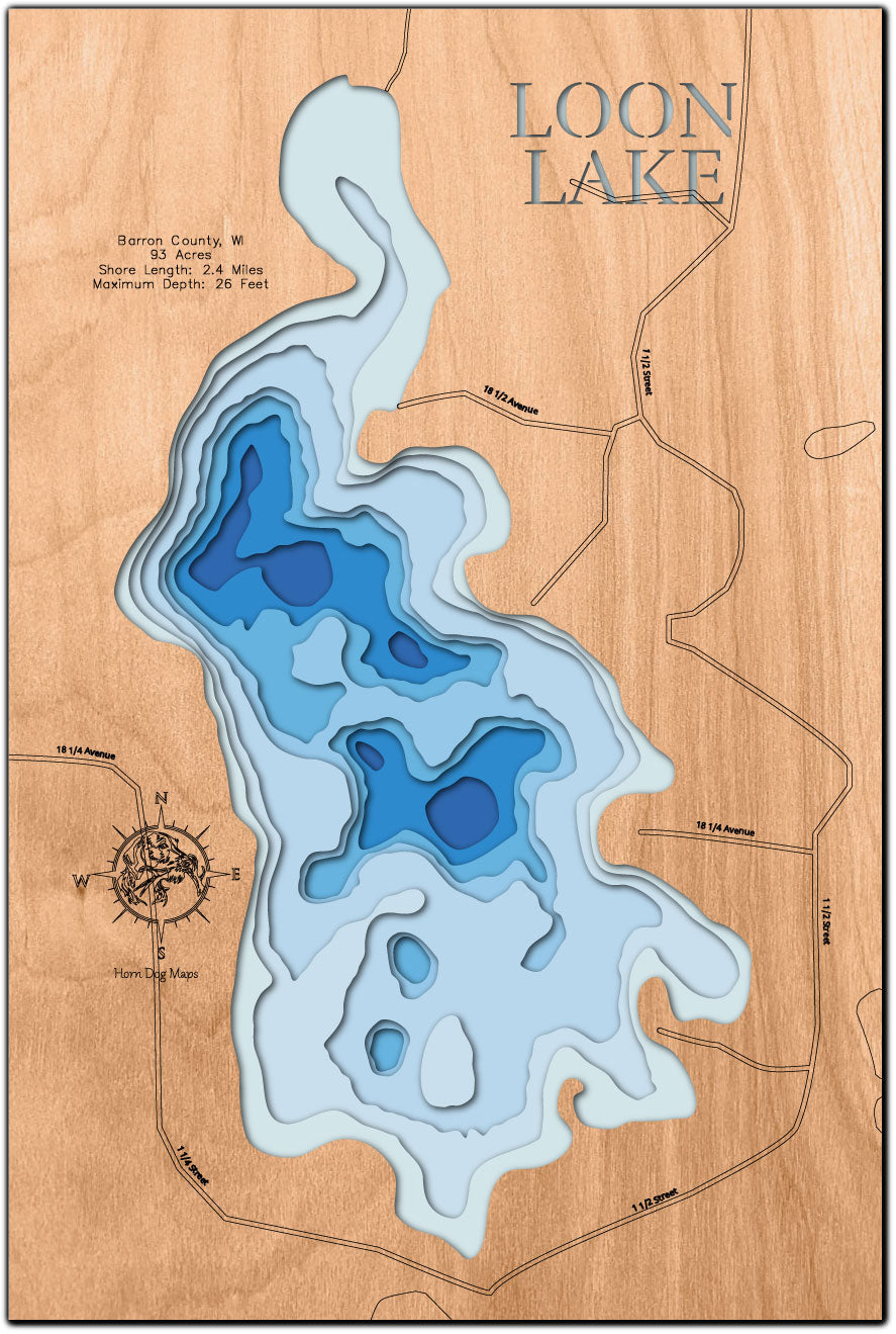 Decorative 3D wooden lake map of Loon Lake in Barron County, WI, crafted with care.