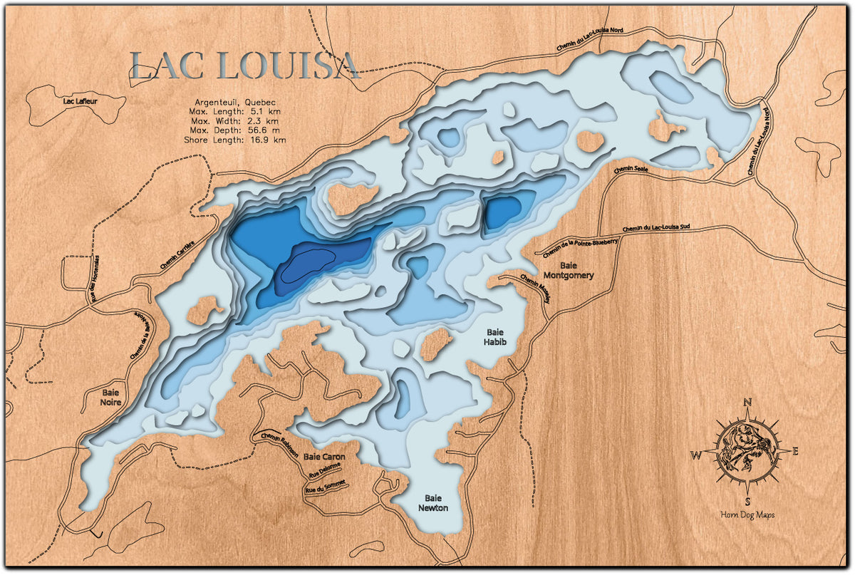 Unique wooden lake map of Lac Louisa in Argenteuil, Quebec, Canada , featuring intricate depth details.