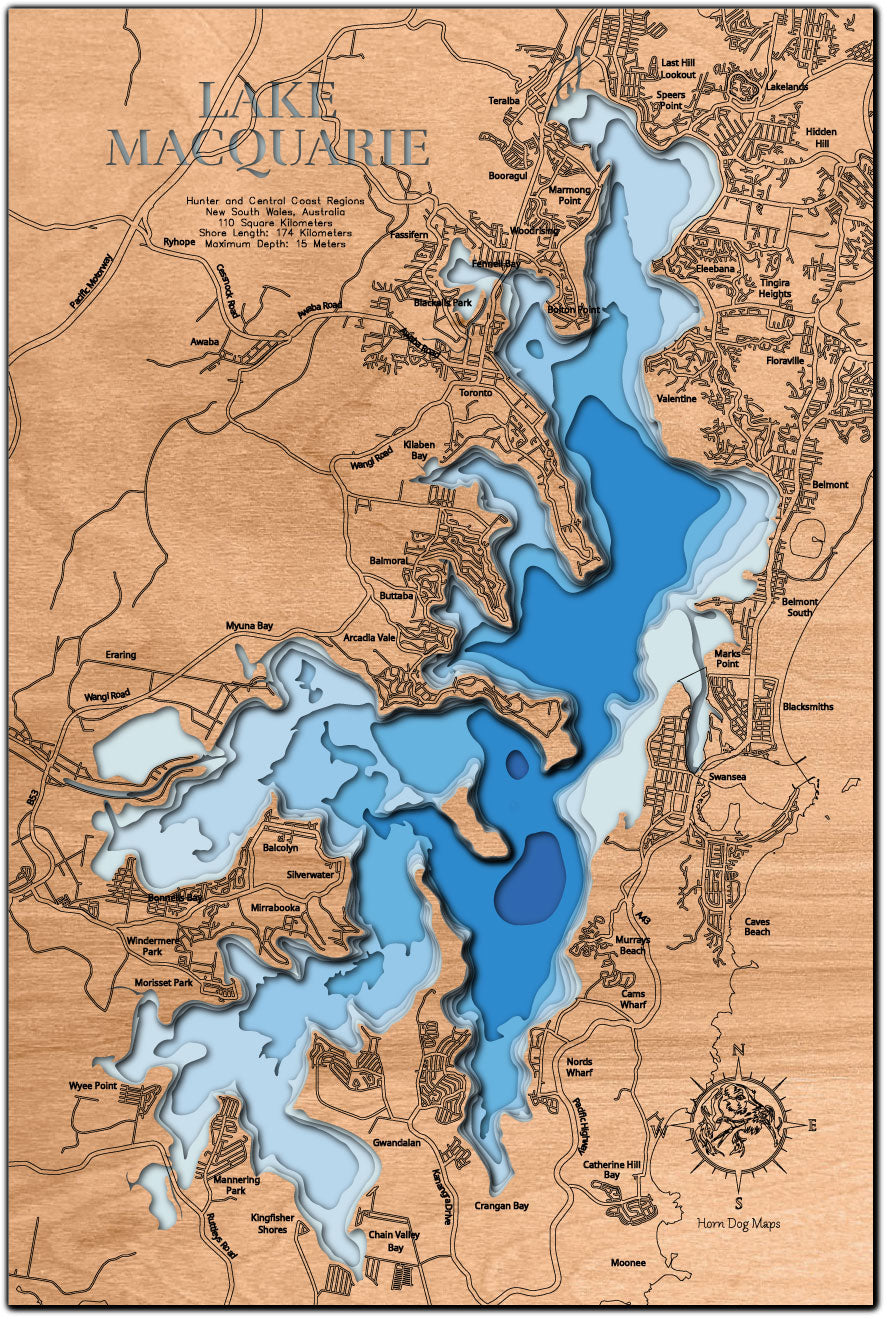 Lake Macquarie in Hunter and Central Coast Regions, New South Wales, Australia 3D depth map, laser cut from high-quality wood.