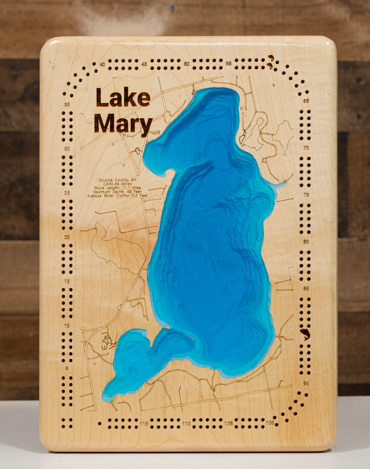 Detailed wooden relief map of Lake Mary in Douglas County, MN, showcasing its natural beauty.