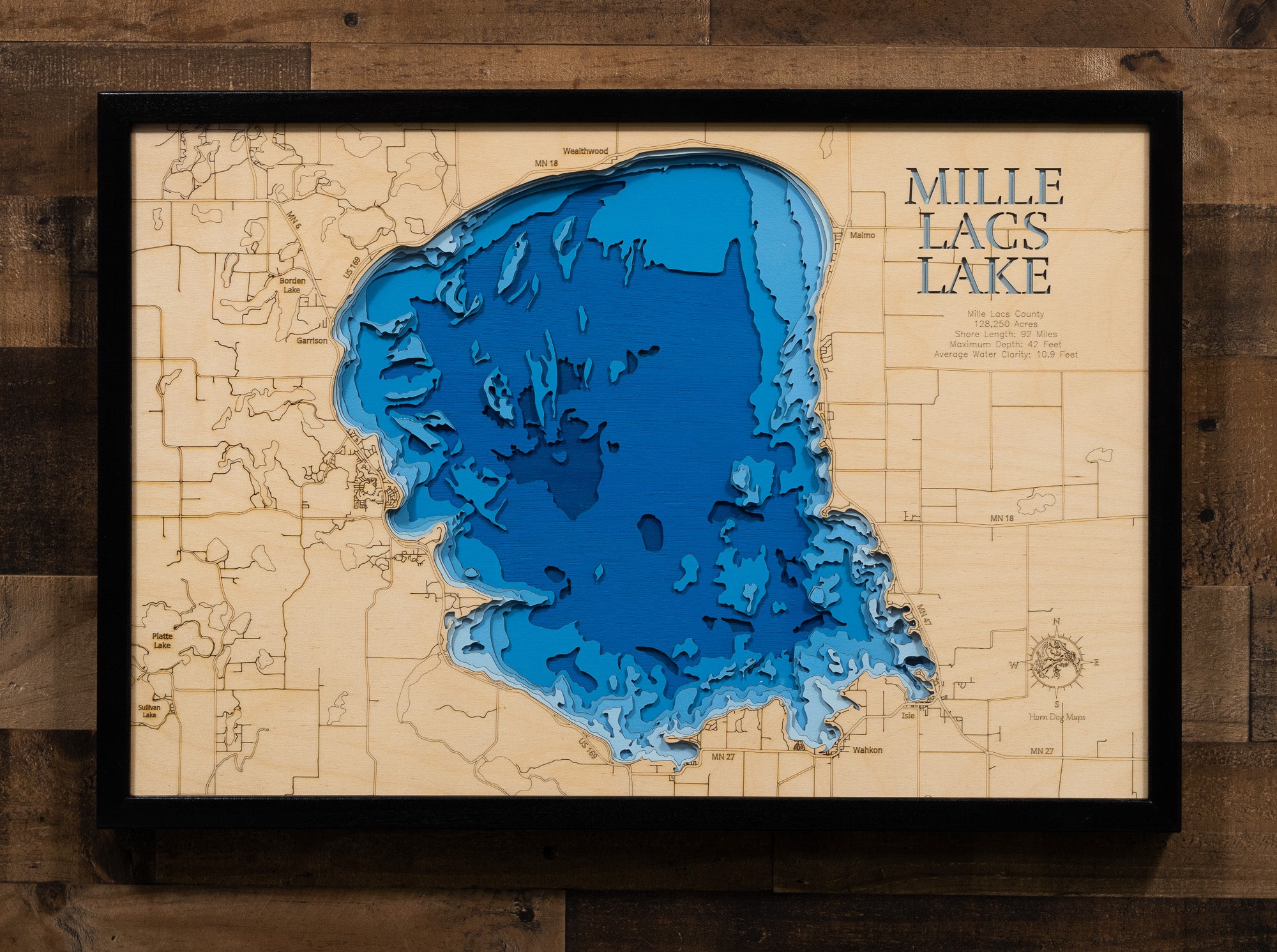 Mille Lacs Lake in Mille Lacs County, MN 3D Wood Maps Horn Dog Maps