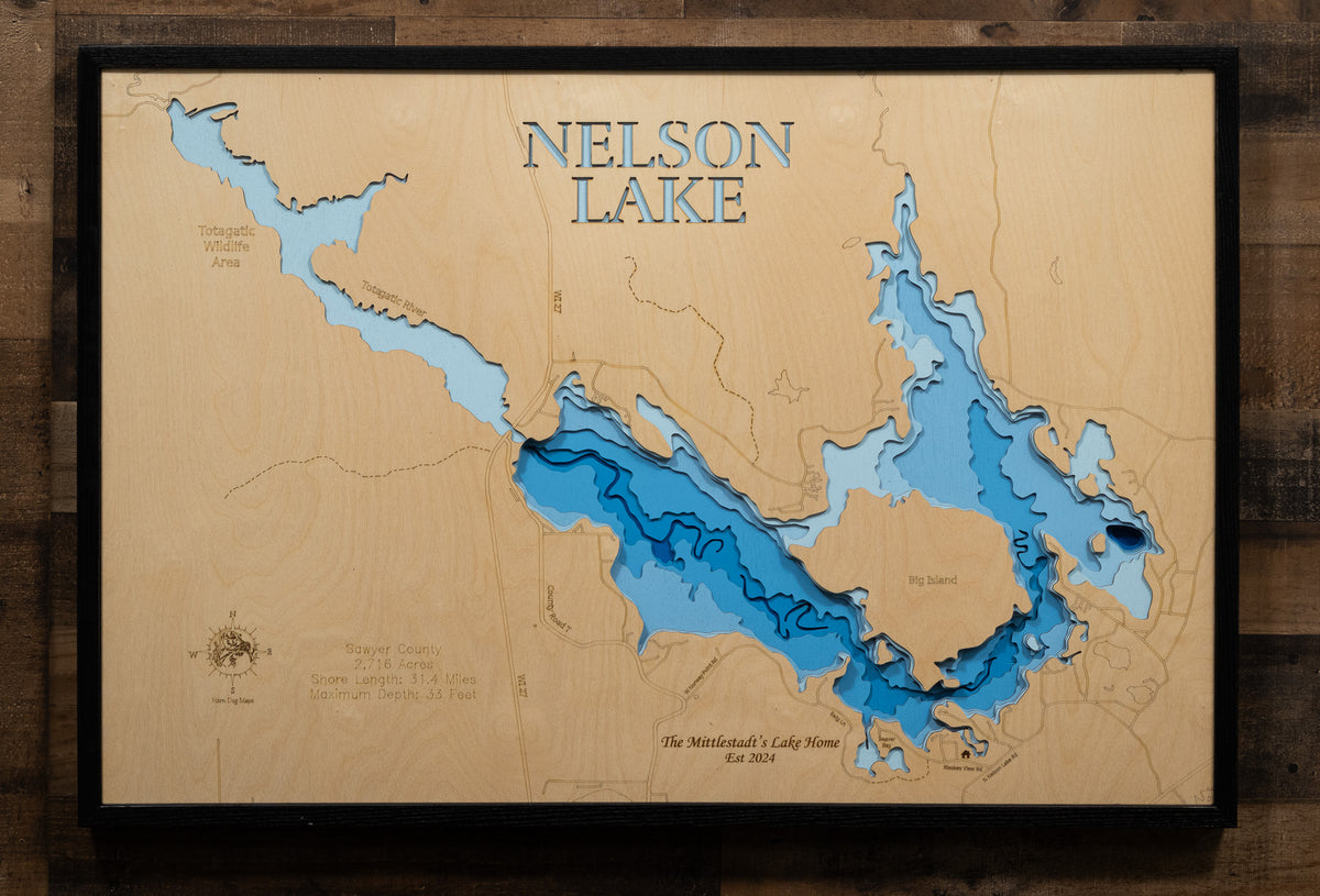 Laser-engraved relief map of Nelson Lake in Sawyer County, WI, crafted from wood with high precision.