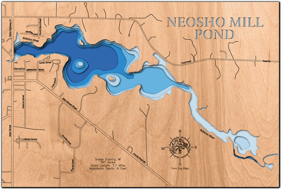 Custom wooden map of Neosho Mill Pond in Dodge County, WI with layered depth highlights.