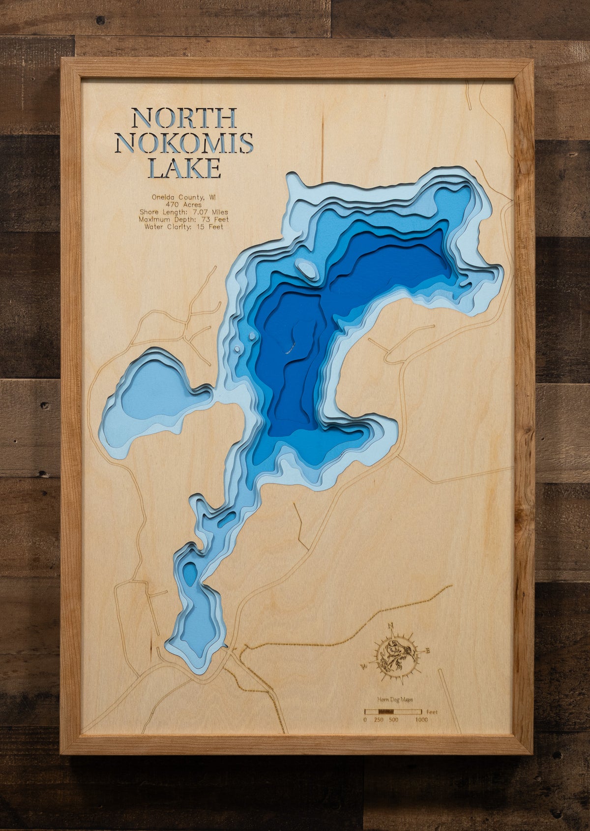 North Nokomis Lake in Oneida County, MN in stunning 3D wood map design, with detailed topography.