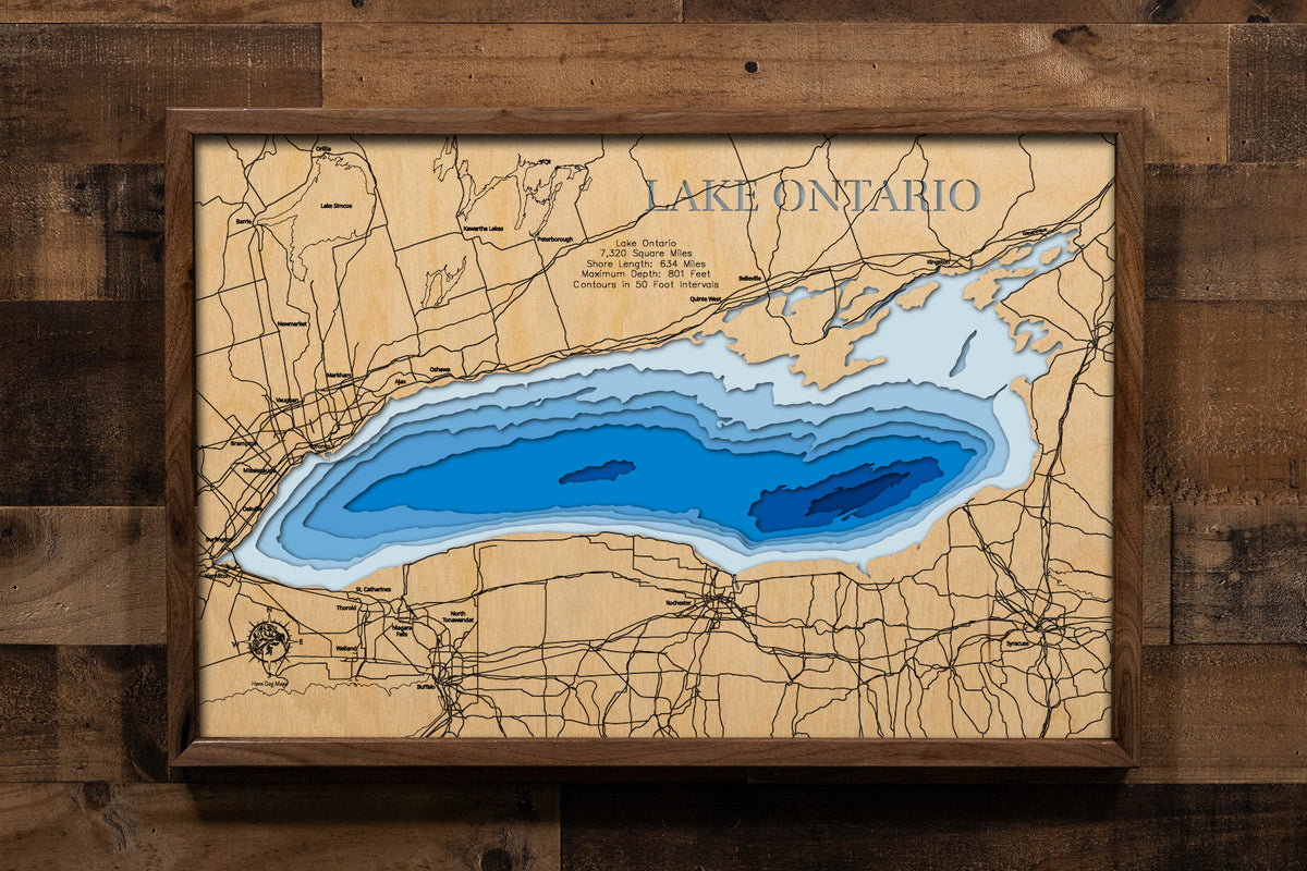 High-definition wooden relief map of Lake Ontario, handmade for durability.