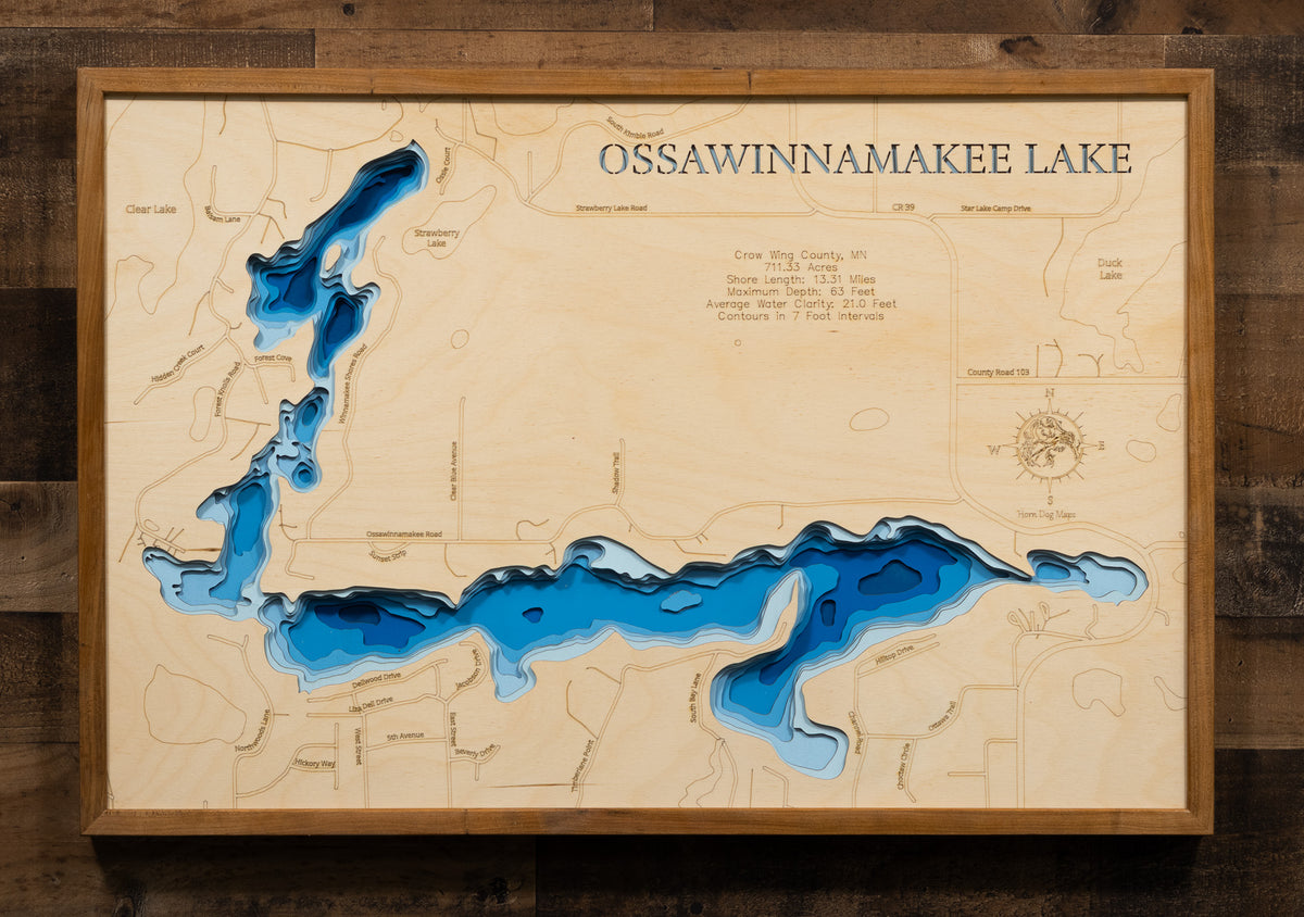 3d Lake map of Ossawinnamakee Lake in Crow Wing County MN with a Cherry Frame