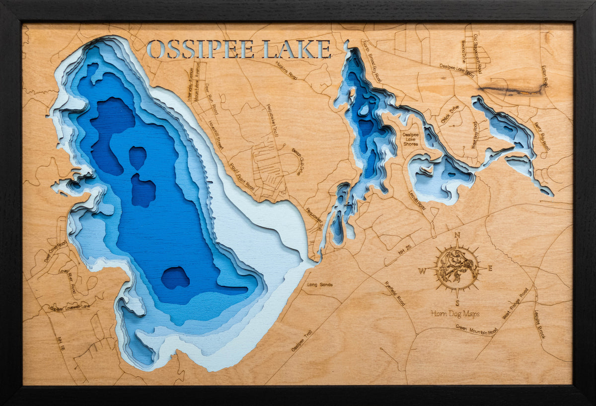 Handcrafted 3D wood map of Ossipee Lake in Carroll County, NH, ideal for lake enthusiasts.