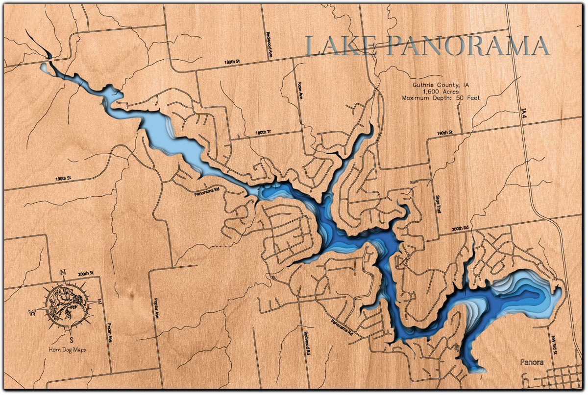 Decorative 3D wooden lake map of Lake Panorama in Guthrie County, IA, crafted with care.