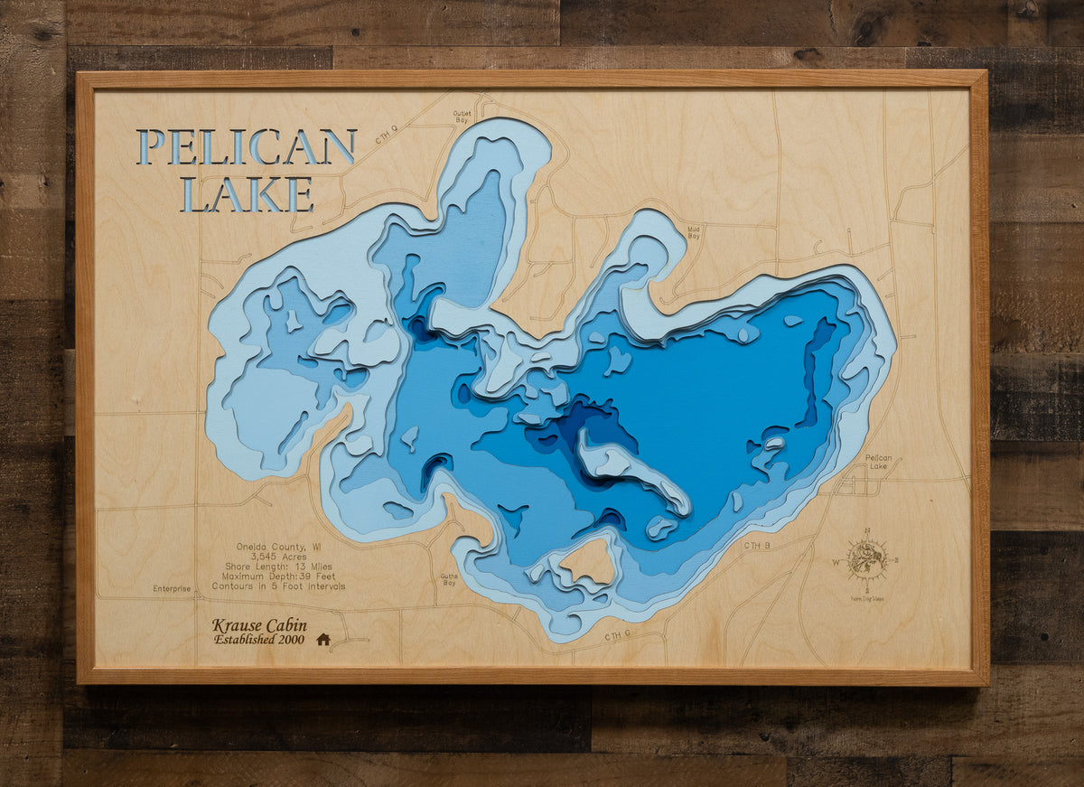 Artisanally carved wooden lake map of Pelican Lake in Oneida County, WI, highlighting bathymetry.
