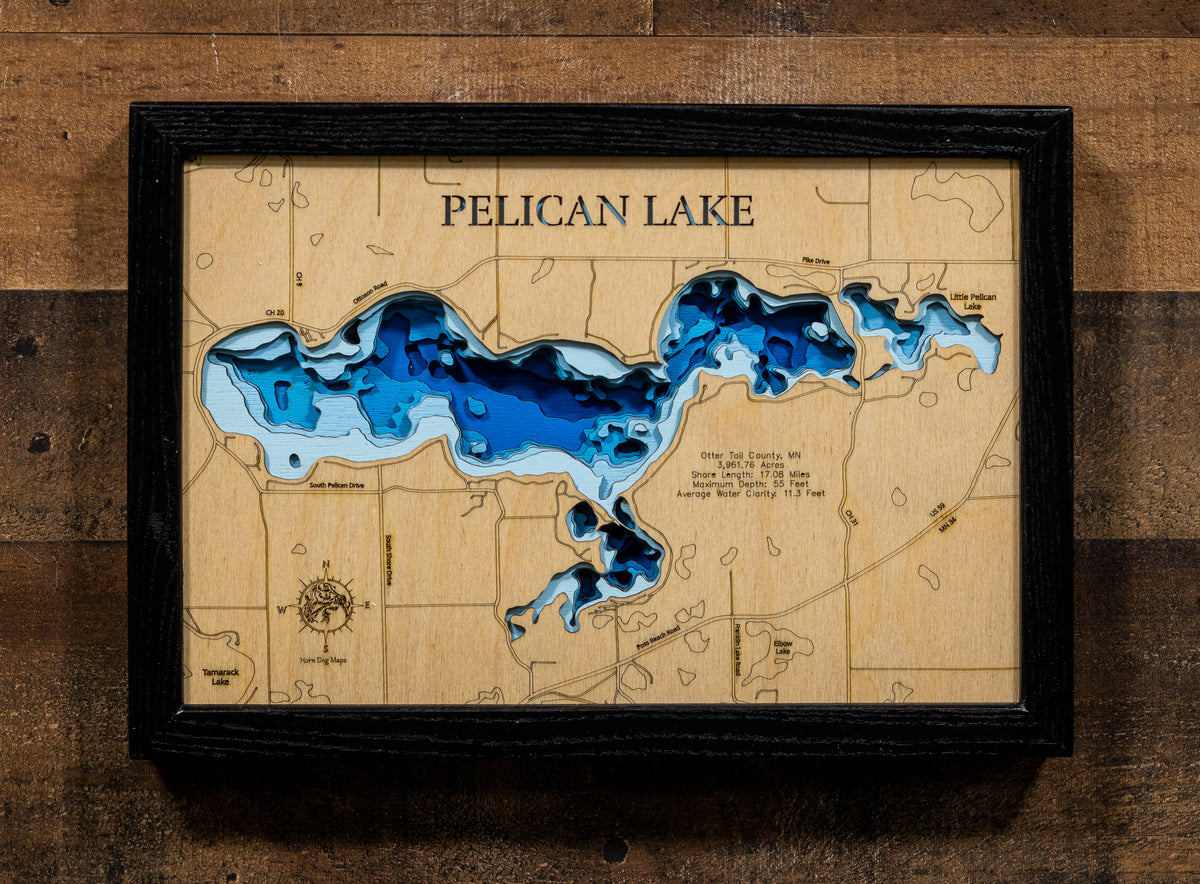 Artisanally carved wooden lake map of Pelican Lake in Otter Tail County, MN, highlighting bathymetry.
