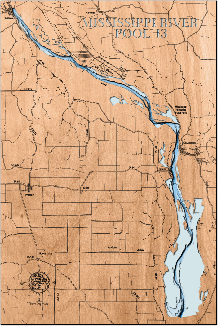 Decorative 3D wooden lake map of Pool 13 of the Mississippi River in Iowa and Illinois, crafted with care.
