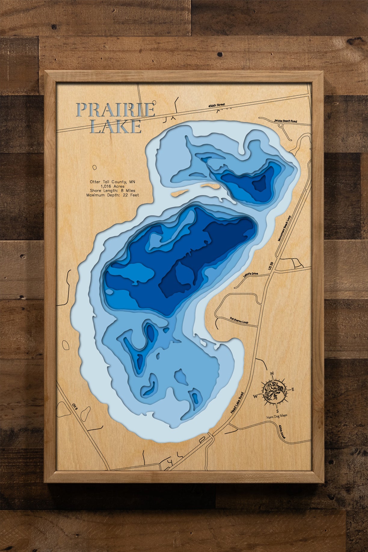 Prairie Lake in Otter Tail County, Minnesota - 3D Wood Maps – Horn