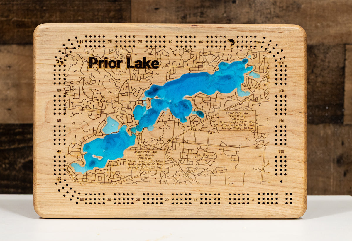 Cribbage board of Prior Lake in Scott County, MN, perfect for unique decor.