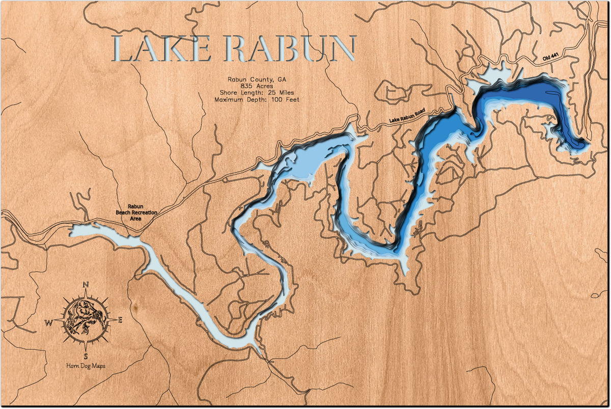 3D wooden lake map of Lake Rabun in Rabun County, GA, showcasing detailed depth layers and contours.