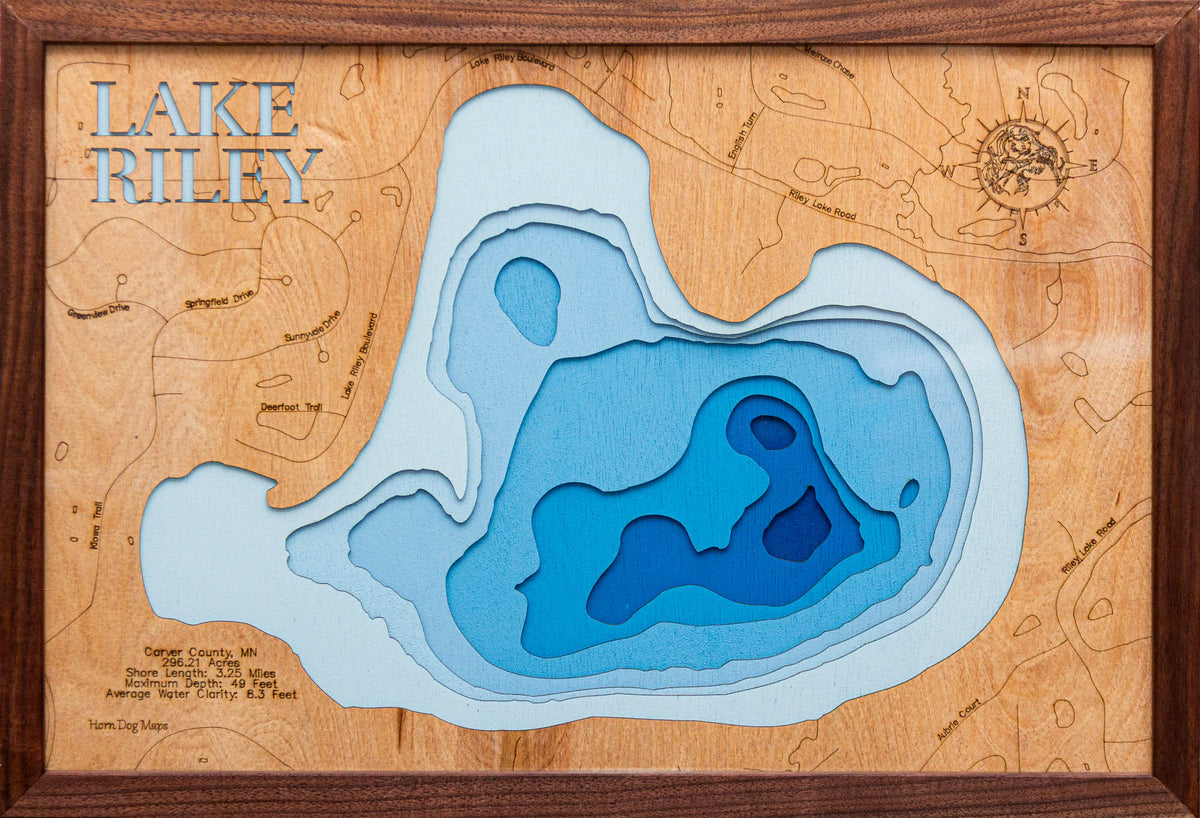 3D wooden lake map of Lake Riley in Carver County, MN, showcasing detailed depth layers and contours.