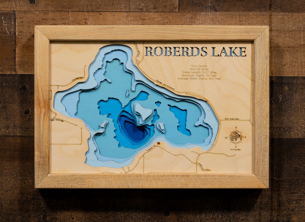 Custom wooden map of Roberds Lake in Rice County, MN with layered depth highlights.