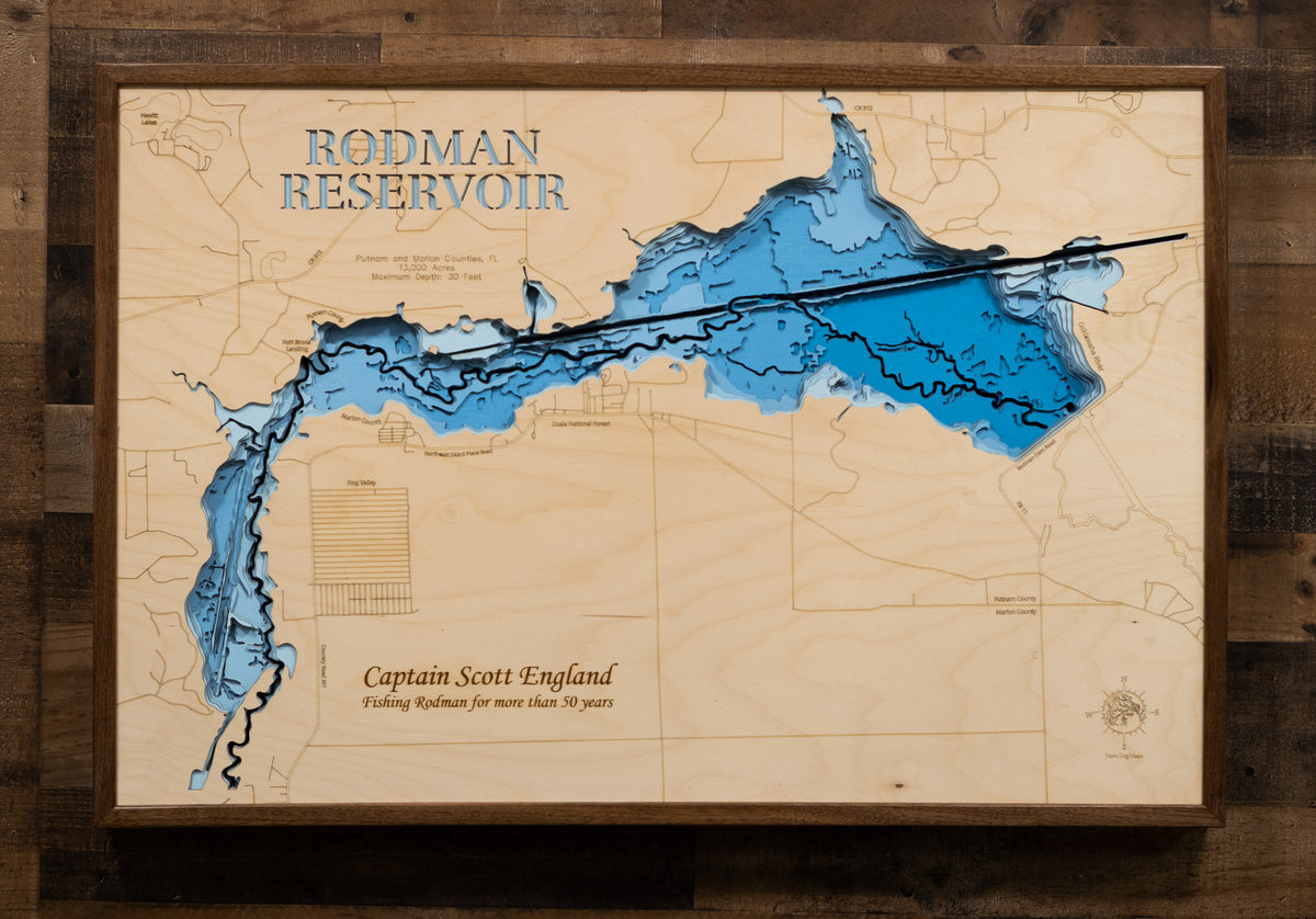 Precision-cut wooden map of Rodman Reservoir in Putnam and Marion Counties, FL, perfect for unique decor.