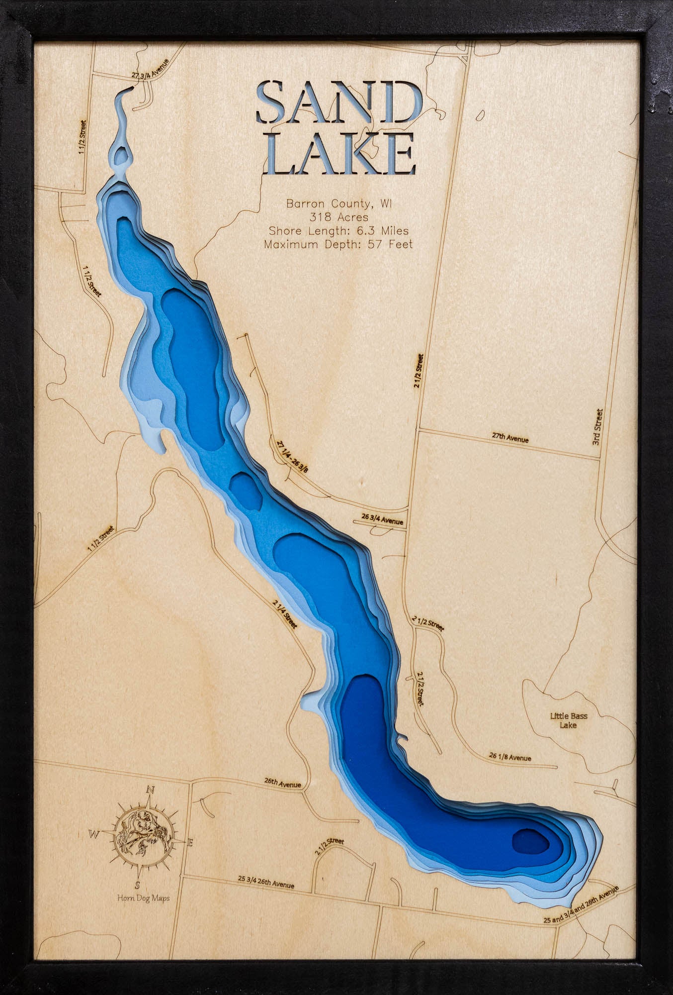 Sand Lake in Barron County, WI in stunning 3D wood map design, with detailed topography.